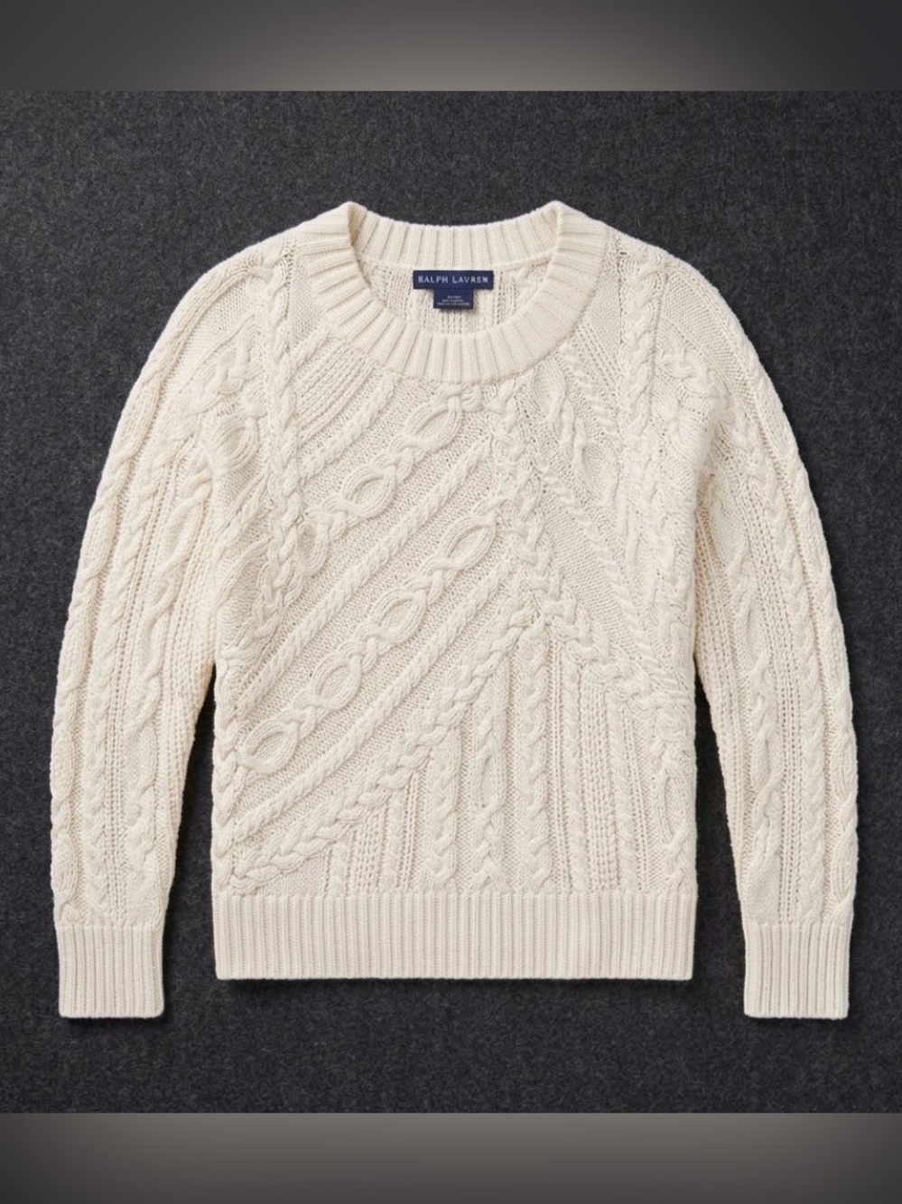 Vintage Ralph Lauren Hand Knit Silk Cable Patchwork Ivory Sweater Size Small